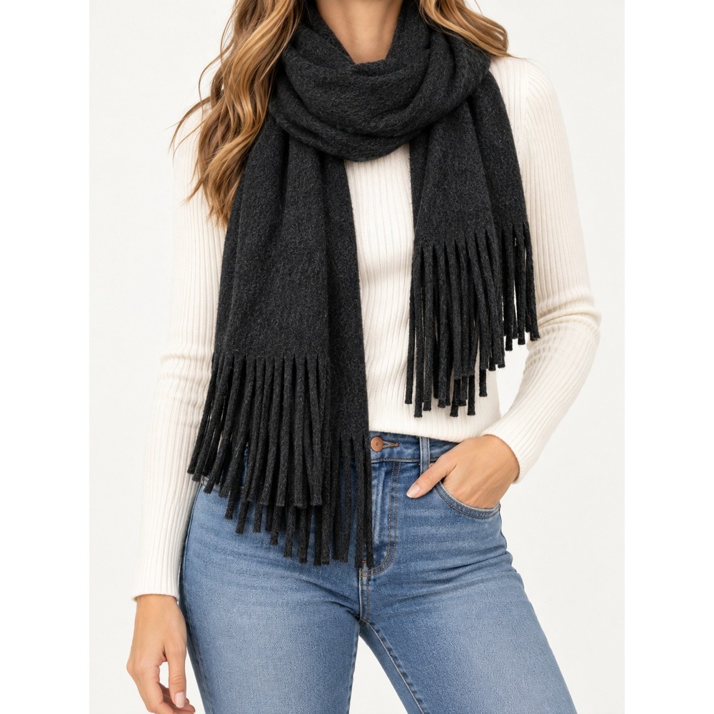 Lucky Brand Scarf Charcoal Gray Fringe Oversized Chunky Knit Winter Wrap Cozy